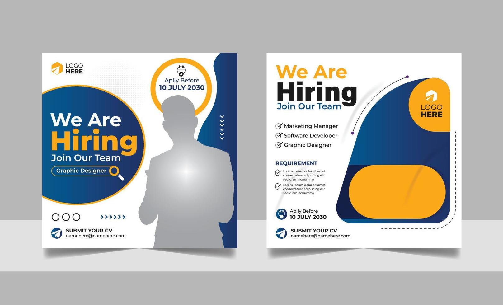 Hiring post banner template set. Business job vacancy employee social media simple minimal square flyer design. vector