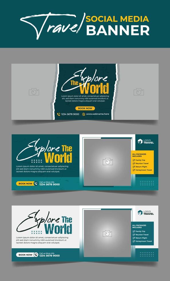 Travel tour promotion banner, travelling business social media horizontal cover page, holiday vacation web template. vector