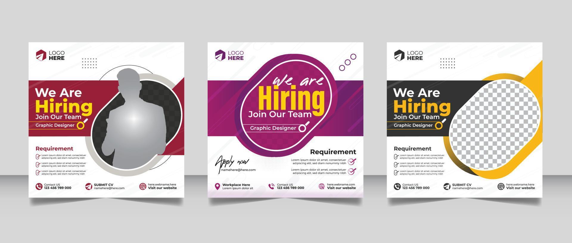 Hiring job vacancy post banner template set. Business we are hiring employee square flyer design. vector