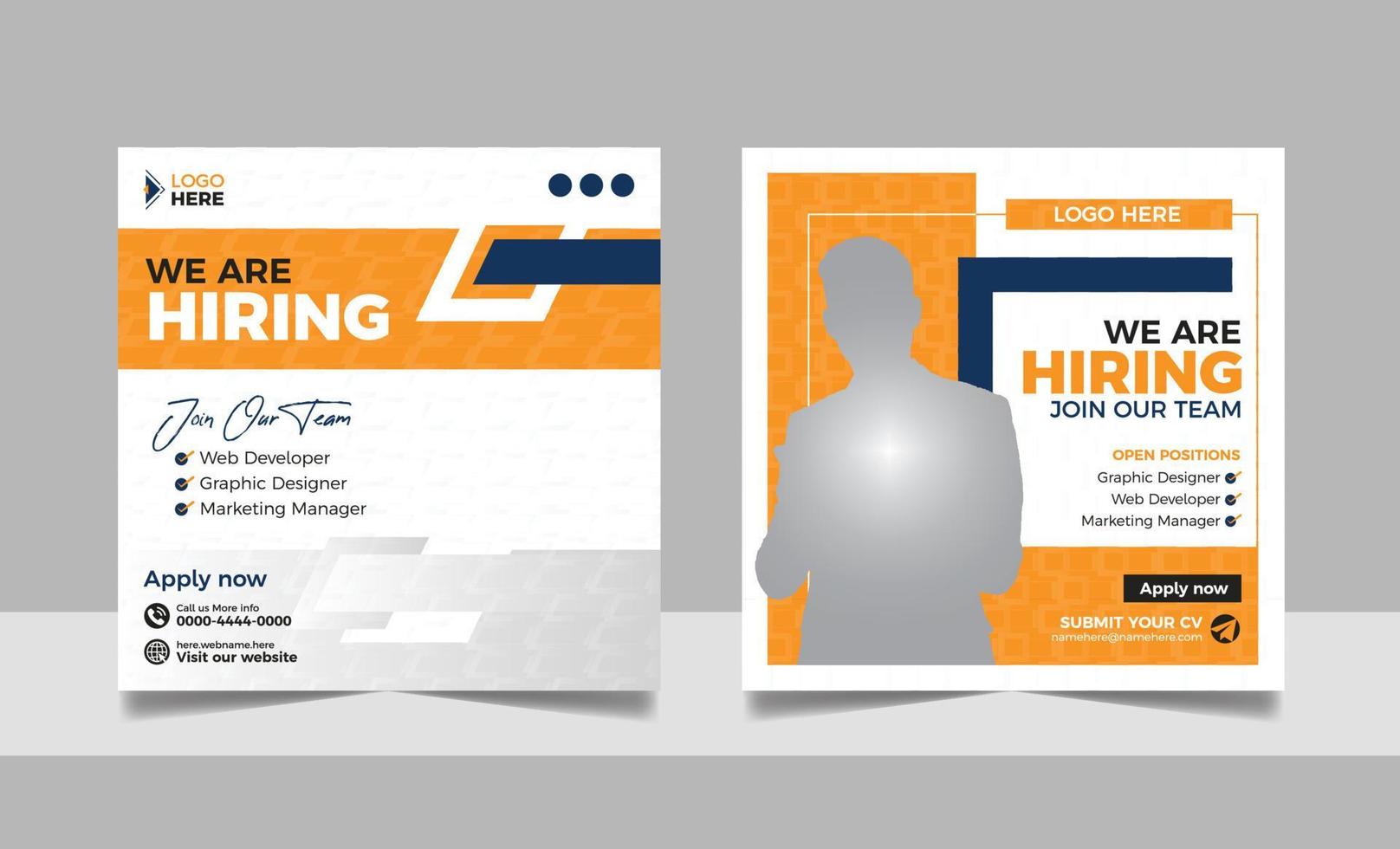 Hiring job vacancy post banner template set. Business we are hiring employee square flyer design. vector