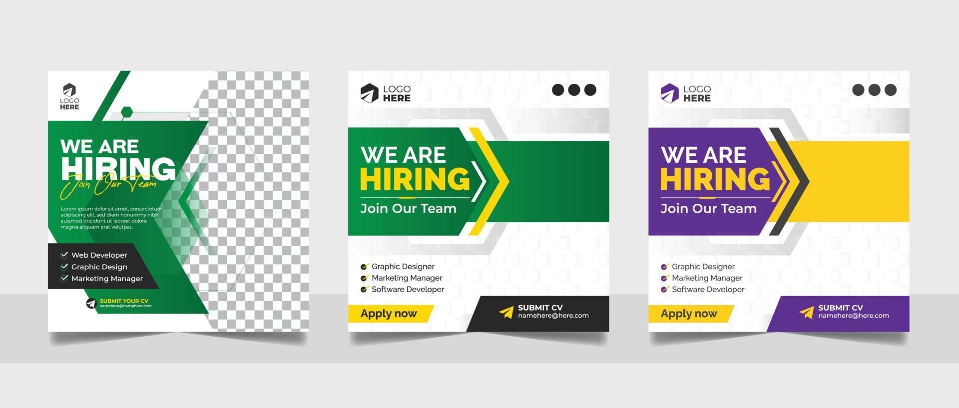 Hiring job vacancy post banner template set. Business we are hiring employee square flyer design. vector