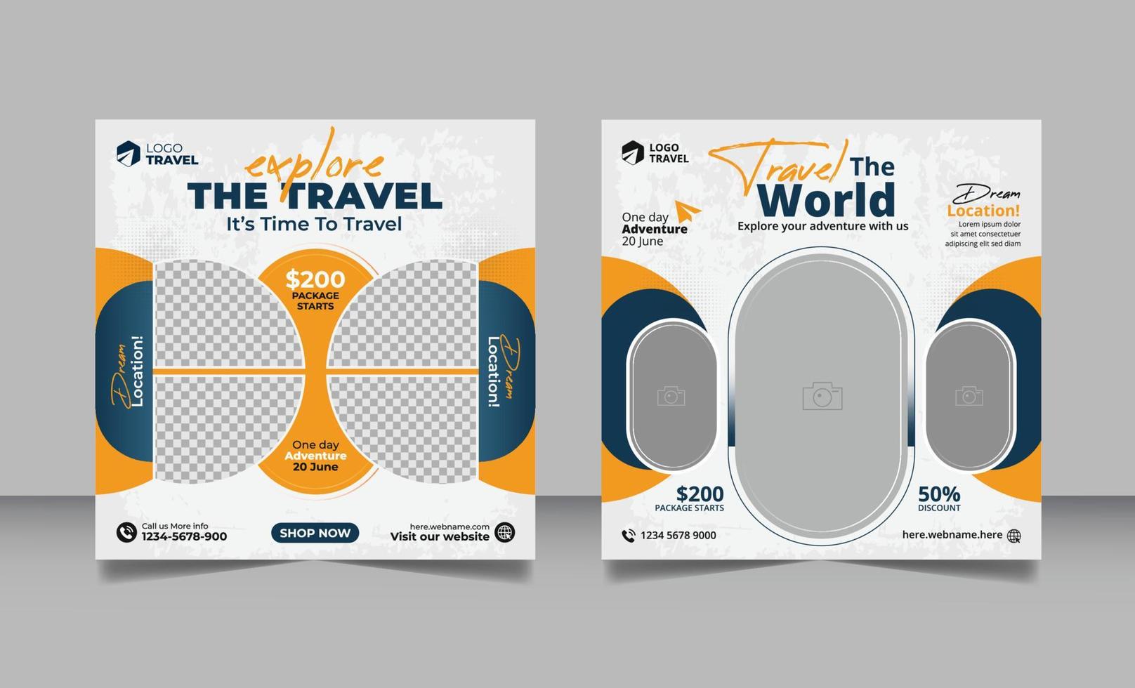 Travel promotion banner travelling business marketing social media post or summer holiday beach tourism square flyer template. vector