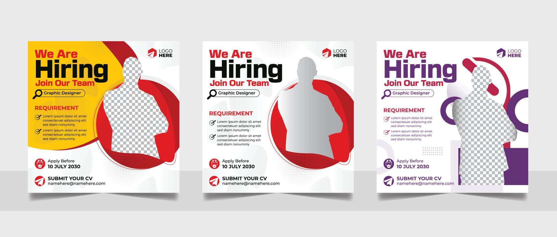 Hiring post banner template set. Business job vacancy employee social media simple minimal square flyer design. vector