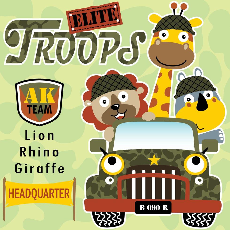 Funny animals soldier on military vehicle, vector cartoon illustration