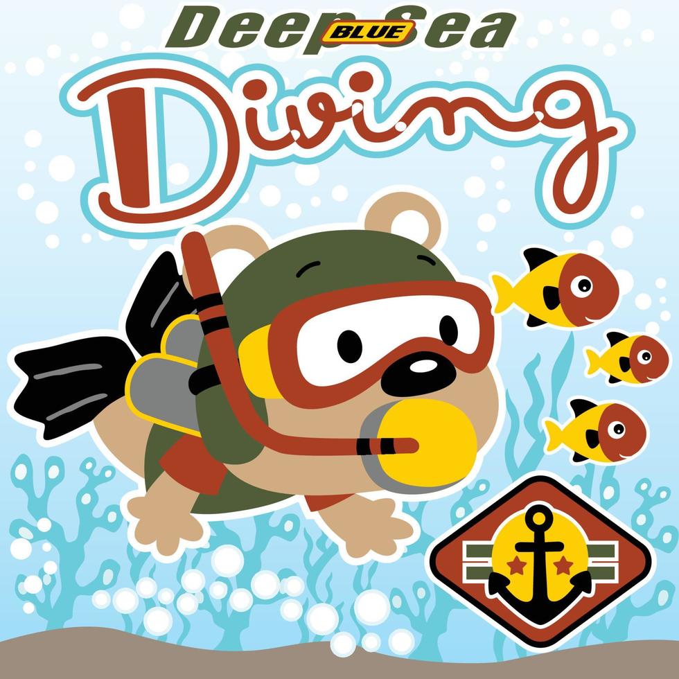 Cute bear diving with marine animals, vector cartoon illustration