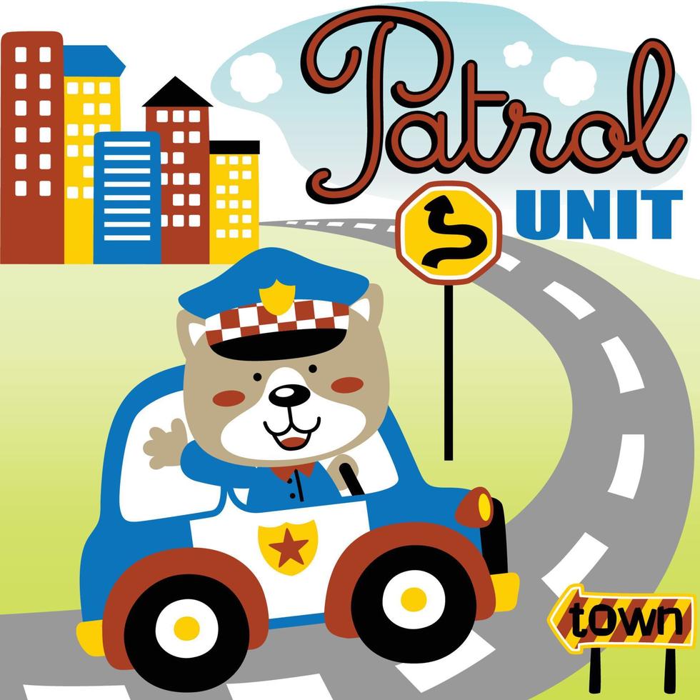 Cute bear driving police car in city road, vector cartoon illustration