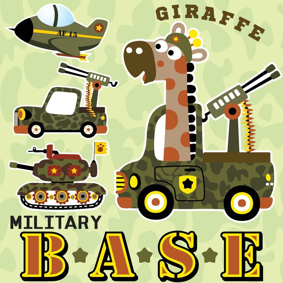 jirafa divertida en camión militar, vehículos militares con fondo de camuflaje, ilustración de dibujos animados vectoriales vector