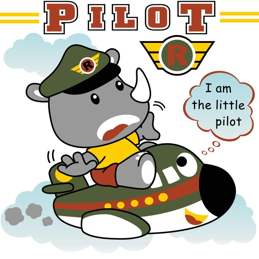 Cute rhinoceros with pilot cap on a plane, vector cartoon illustration