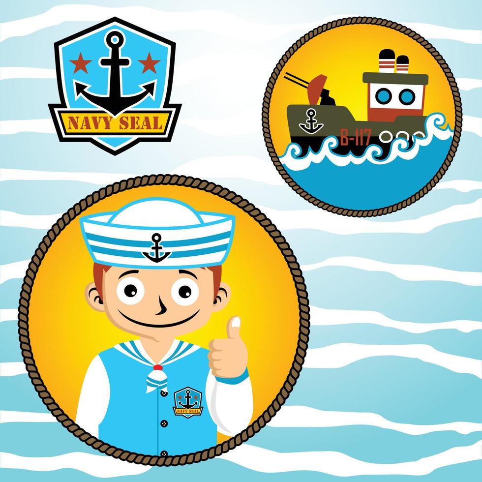 Young boy in sailor uniform with gunboat and navy seal logo, vector cartoon illustration