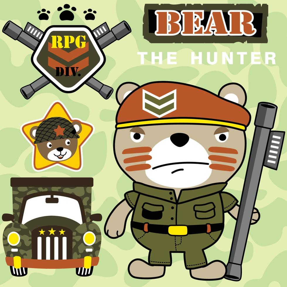 oso gracioso con uniforme militar que sostiene armas pesadas, equipo militar con fondo de camuflaje, ilustración de dibujos animados vectoriales vector