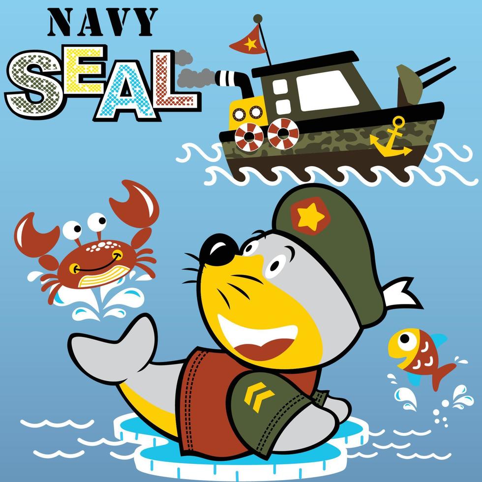 Walrus in military costume playing with crab and fish, warship in the sea, vector cartoon illustration