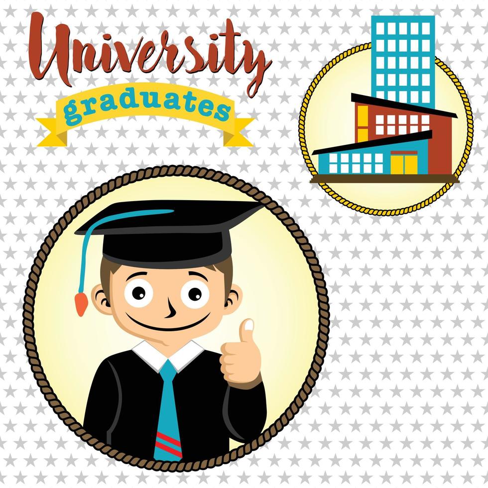 Young boy in graduate gown with university buildings, vector cartoon illustration