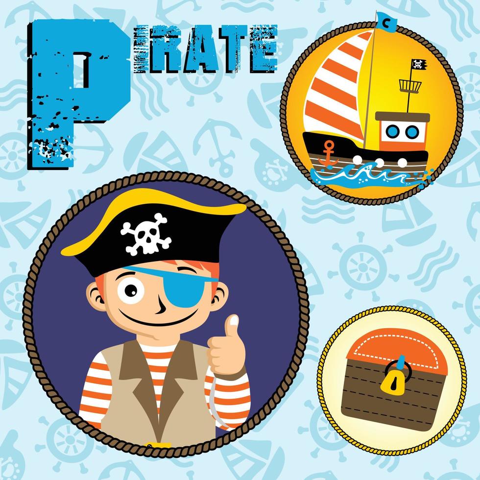 young boy in pirate costume with sailboat and treasure on pirate elements backgrounds, vector cartoon illustration