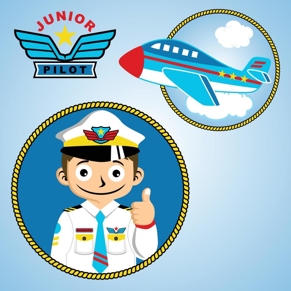 young pilot with plane and wings logo, vector cartoon illustration