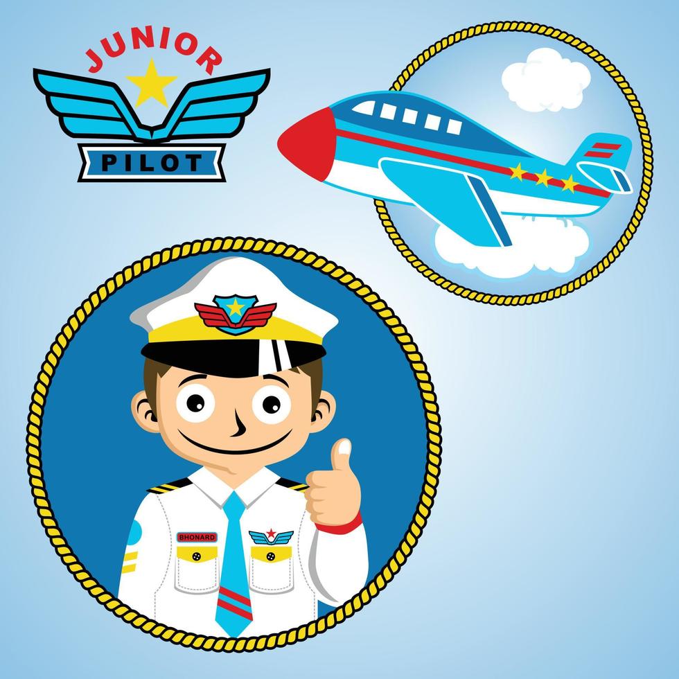 joven piloto con logo de avión y alas, ilustración de dibujos animados vectoriales vector