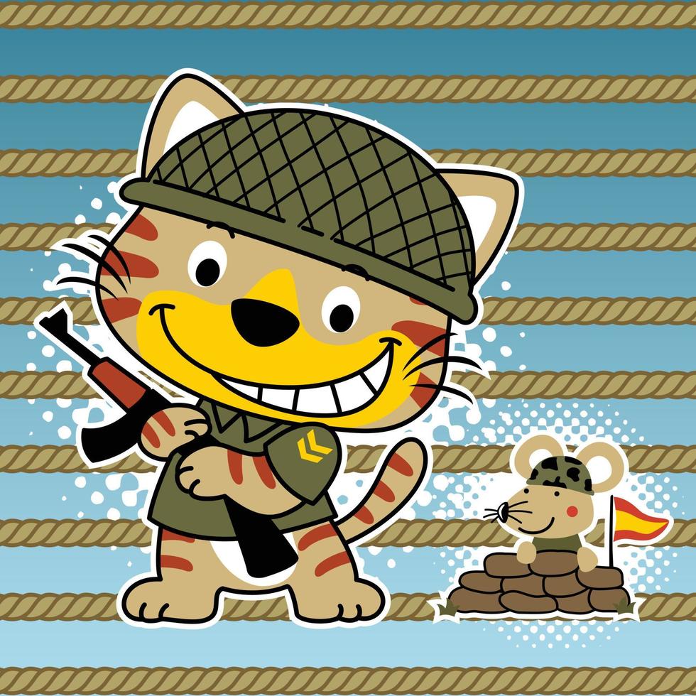 Funny cat and mouse in soldiers uniform with gun, vector cartoon illustration