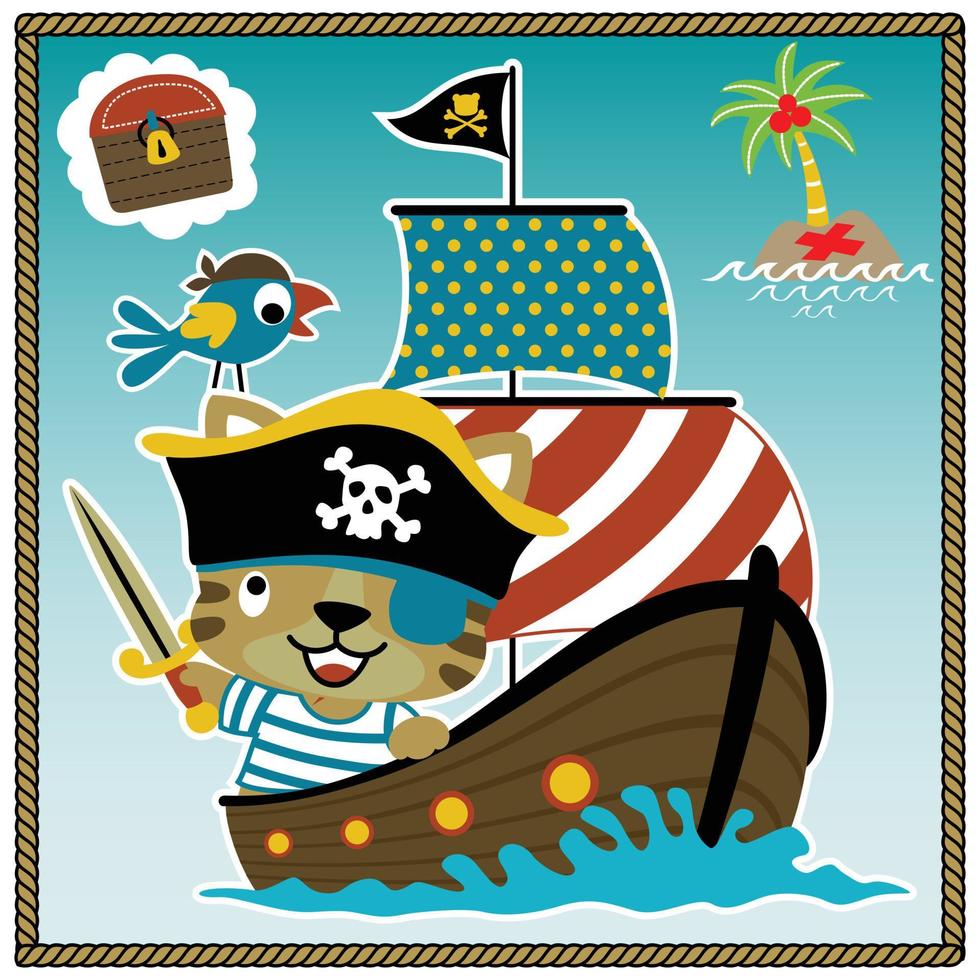 Little cat with parrot in pirate costume on sailboat, pirate elements, vector cartoon illustration