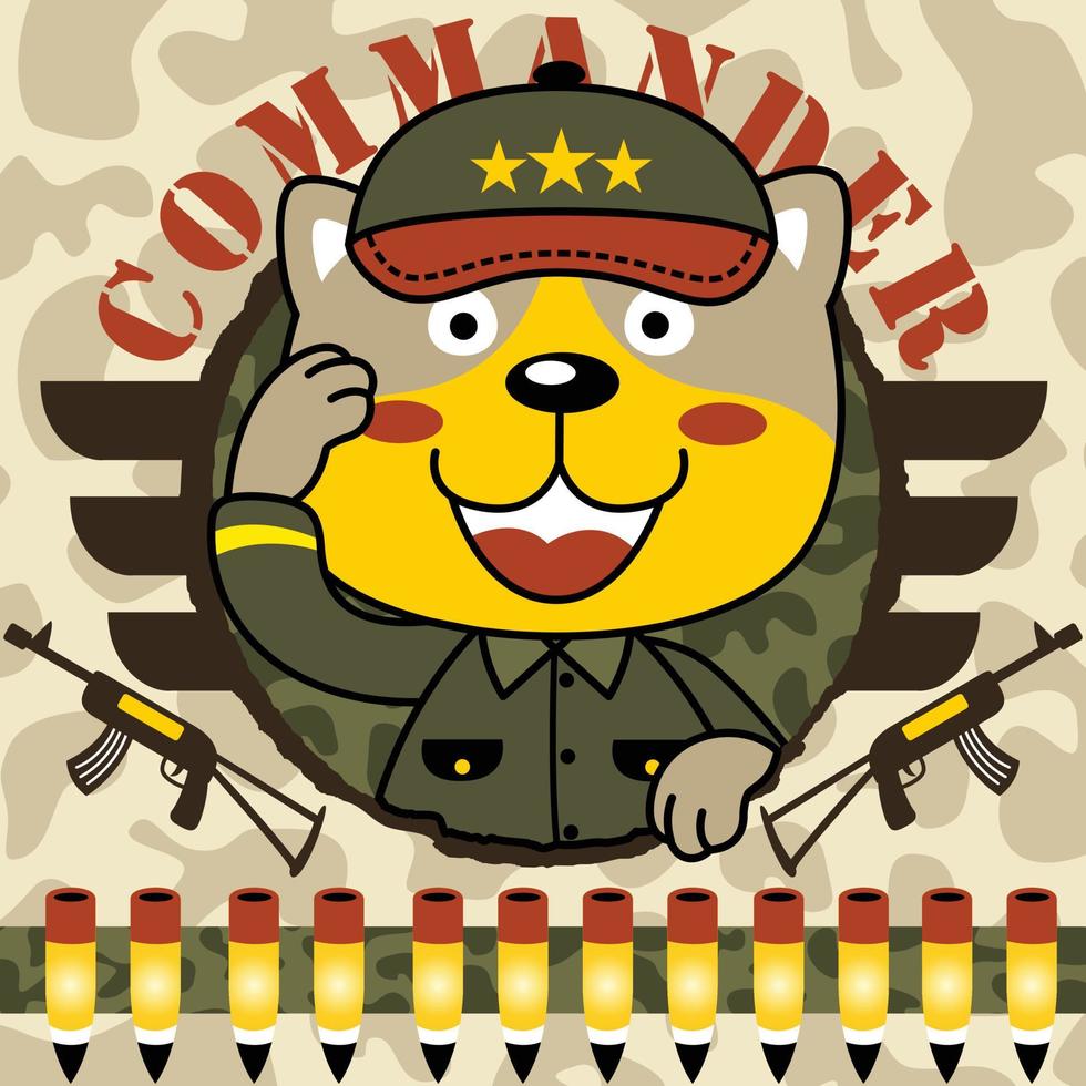 Funny cat in soldier uniform on camouflage background, vector cartoon illustration