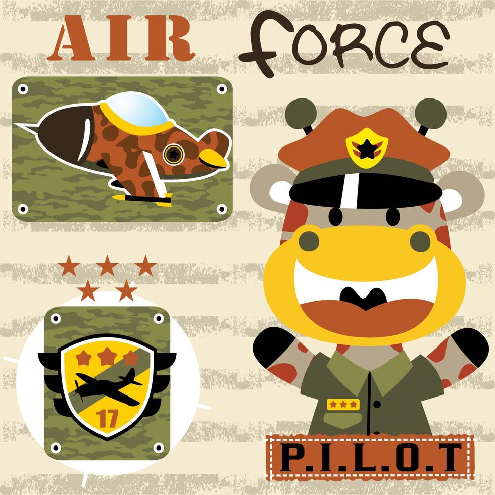 Funny giraffe in pilot uniform, air force element, vector cartoon illustration