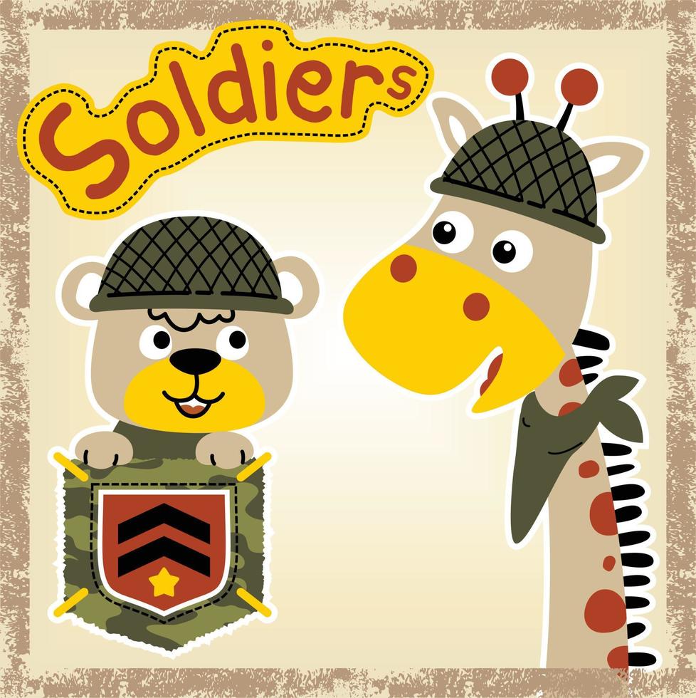 Funny giraffe and bear in soldiers costume on grunge frame, vector cartoon illustration