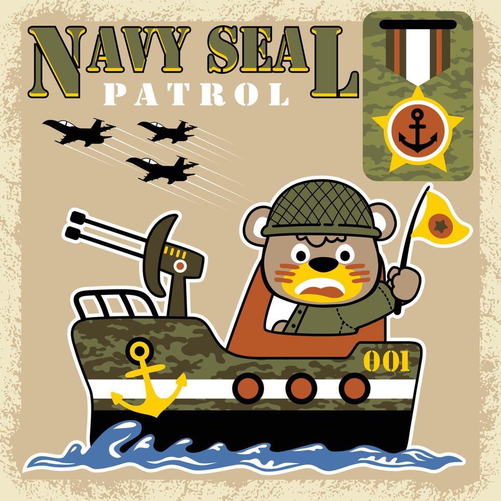 Funny bear on warship, military element, vector cartoon illustration
