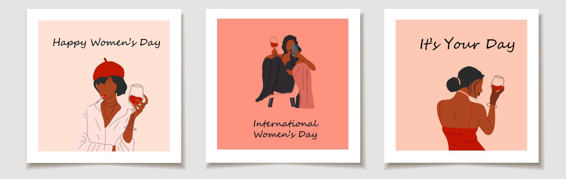 día Internacional de la Mujer. un conjunto de tarjetas de felicitación con retrato abstracto de mujer con copas de vino. la mujer bebe vino. amantes de la vid minimalistas. vector