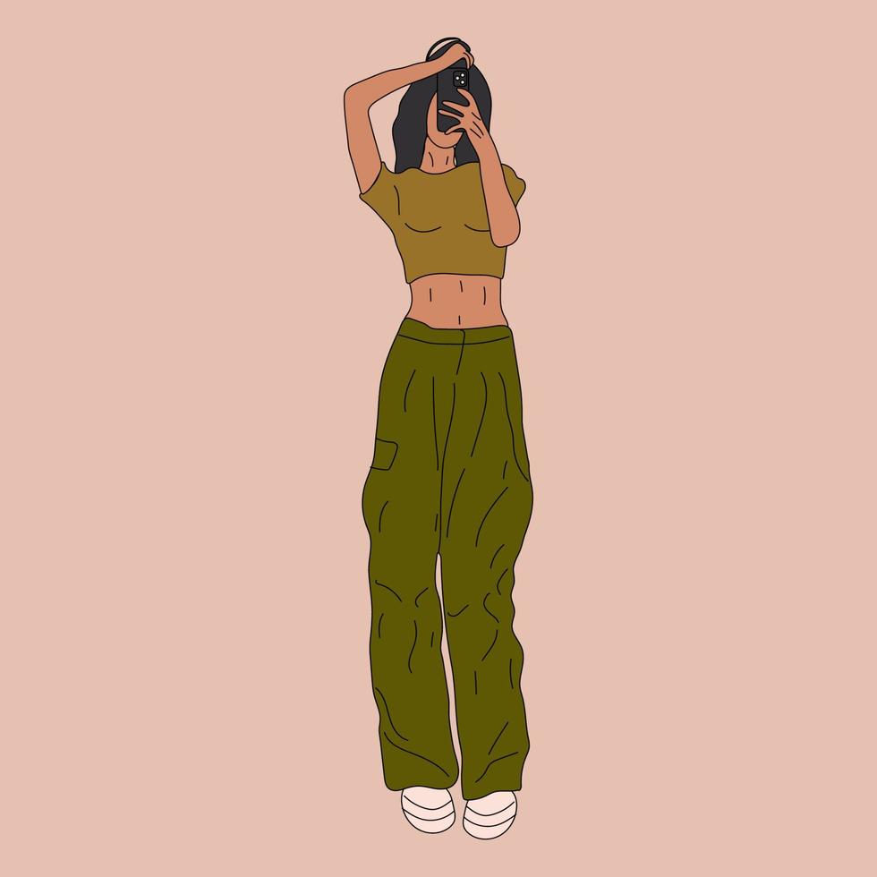 Beautiful young woman in a fashionable clothes military style 90s 2000s in full growth posing takes off herself on a smartphone. Hand drawn sketch. Vector illustration.