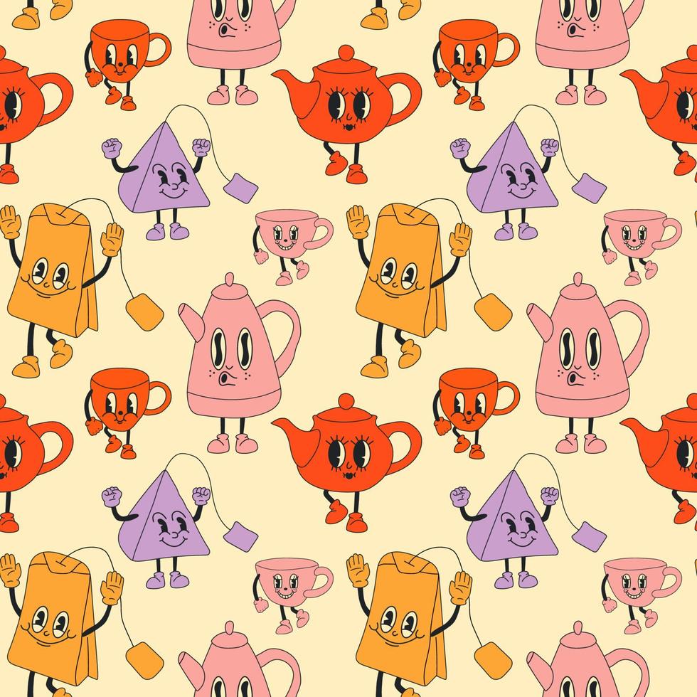 Seamless Pattern with Tea set mascots in retro cartoon style illustration, vintage character vector art collection
