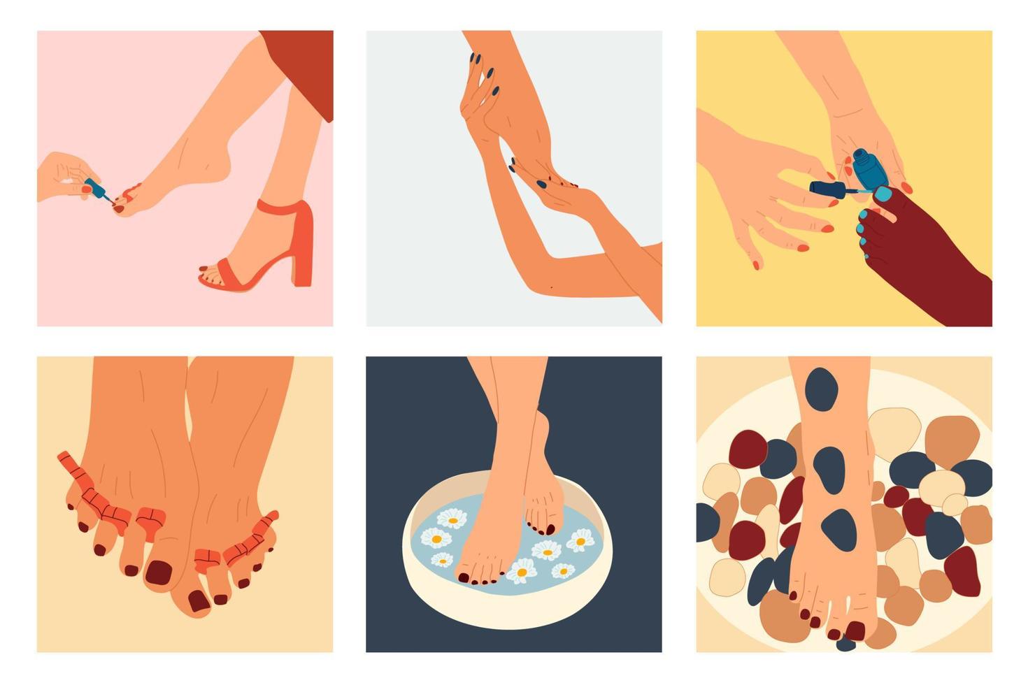 conjunto vectorial con pies de mujer con uñas de pedicura. pies femeninos abstractos con uñas brillantes, dedos de pierna dibujados a mano con pedicura vector