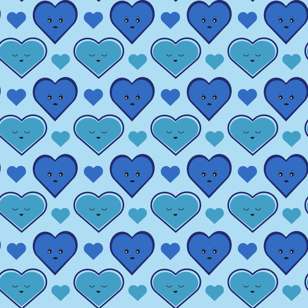 Seamless pattern with blue hearts different emotions and design. Vector retro texture. Fabric pattern.