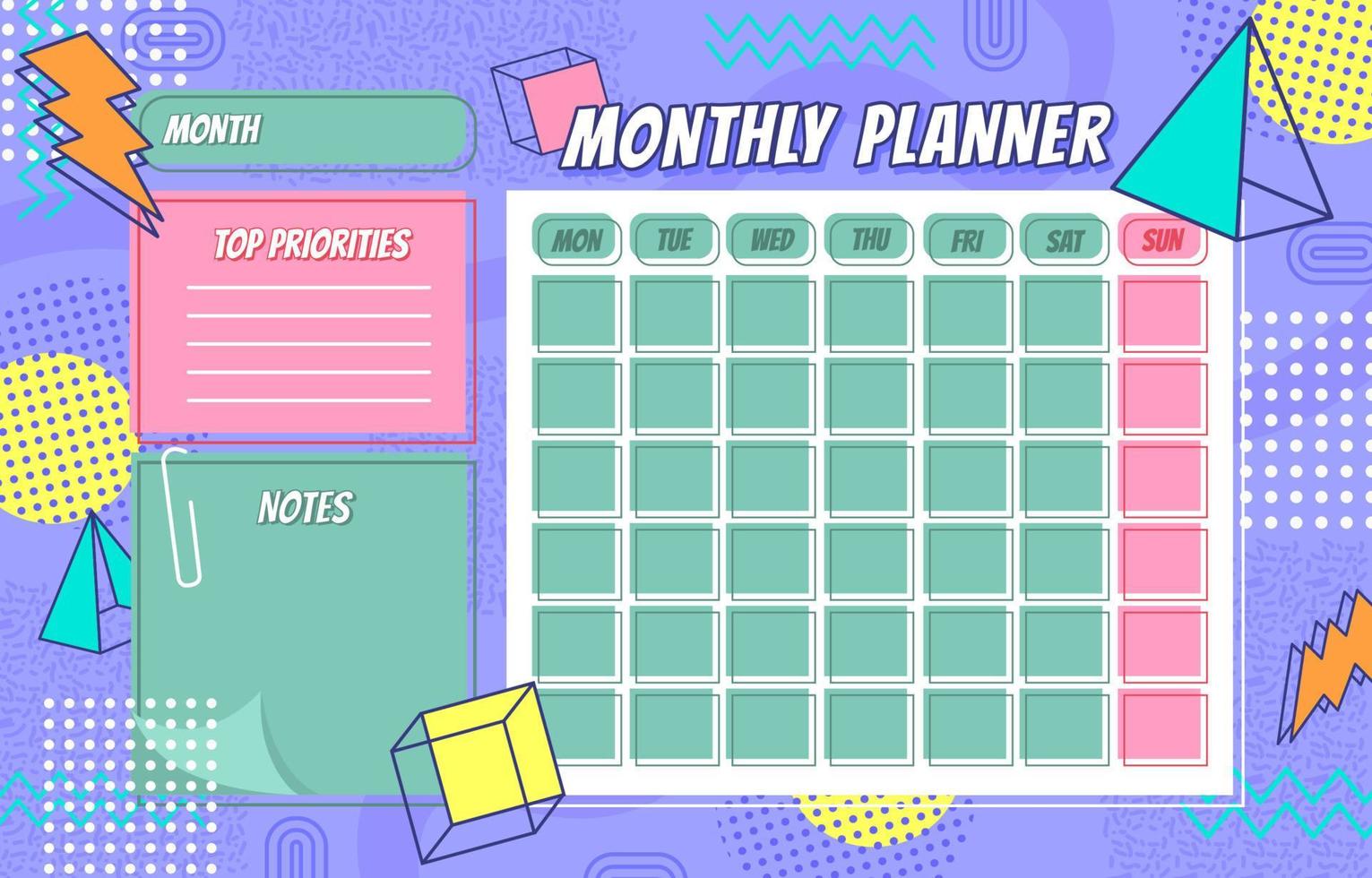 Monthly Planner Calendar Template Memphis Style vector