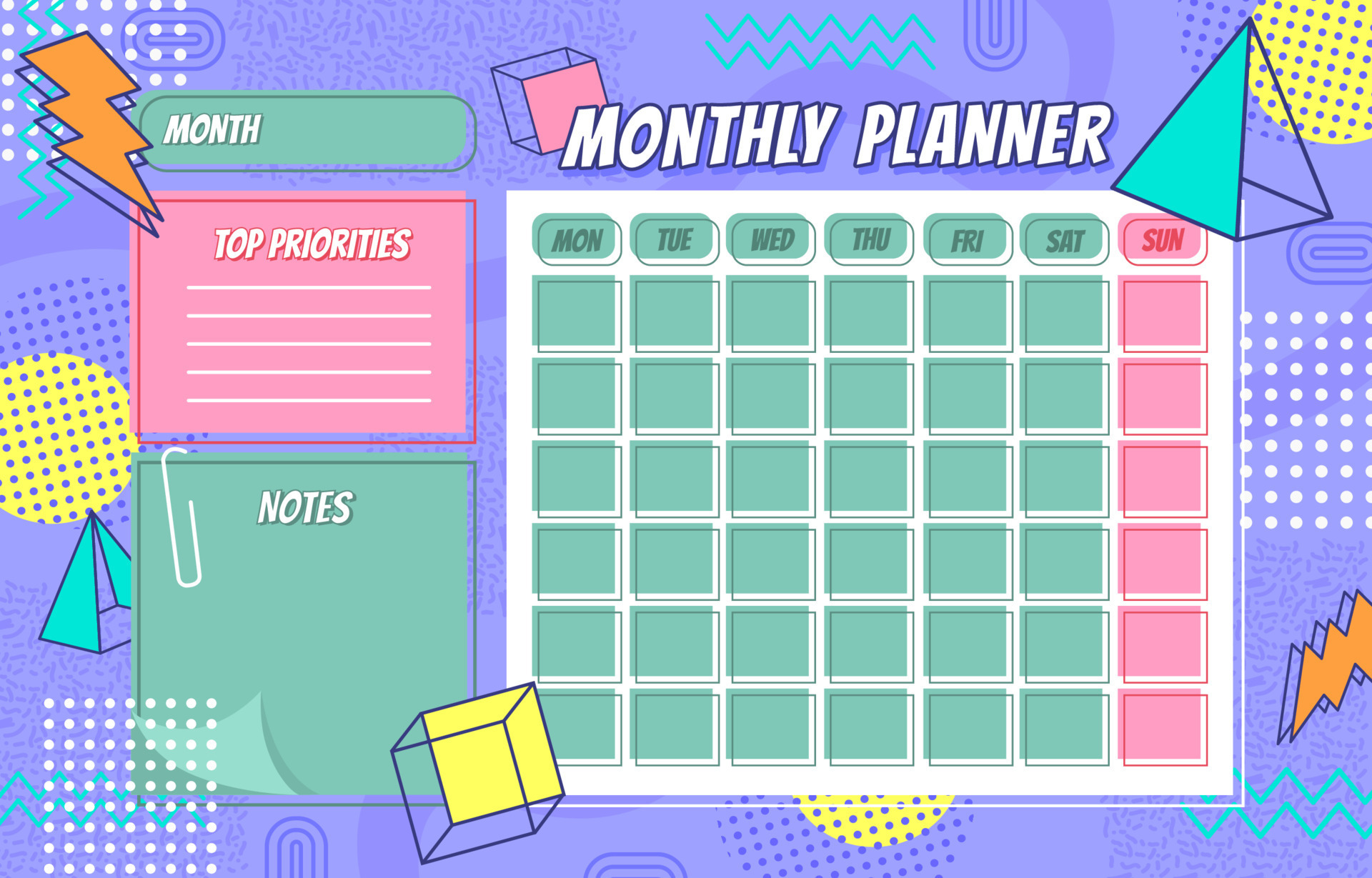 Monthly Planner Calendar Template Memphis Style 18915672 Vector Art At monthly-planner-calendar-template-memphis-style-18915672-vector-art-at