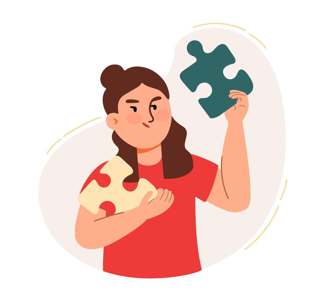 A woman holds a piece of a puzzle and collects a rebus. The concept of a business idea, startup, organization, brainstorming. Vector illustration isolated on a white background