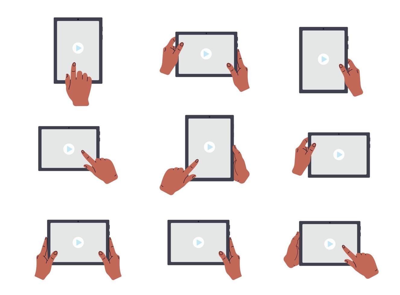 hands holding a tablet PC horizontally and vertically while watching a video. Doodle cartoon style. vector