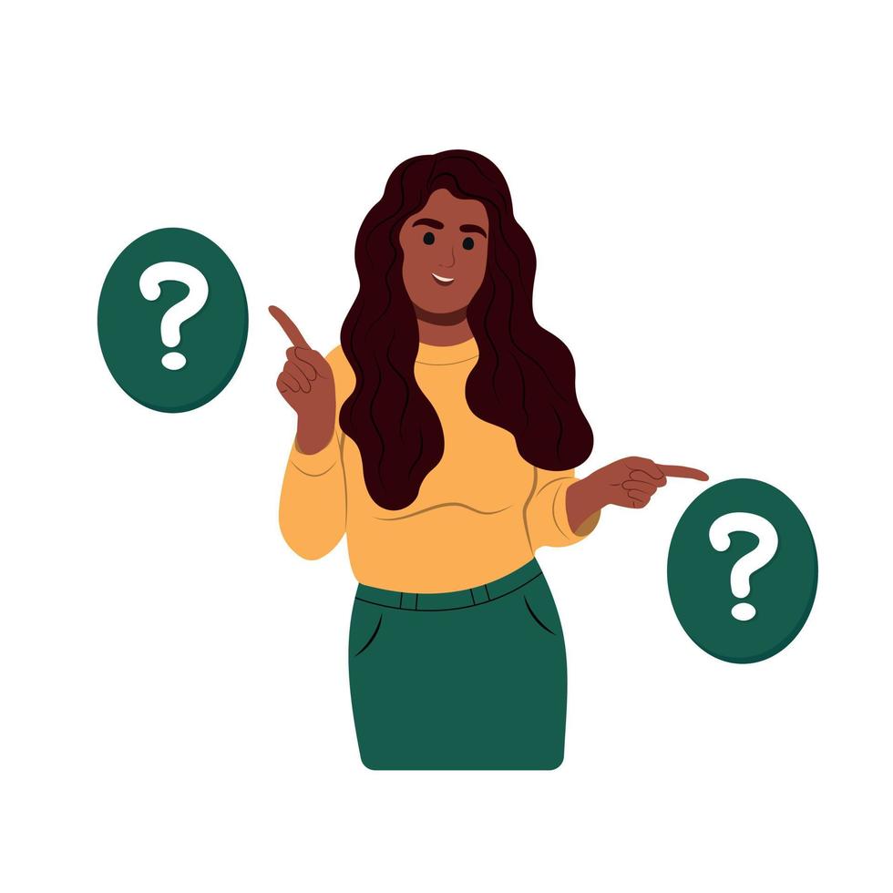 Make choice, decision concept. A young woman makes a choice, thinks, analyzing two options. Doubting, deciding, setting priorities. vector