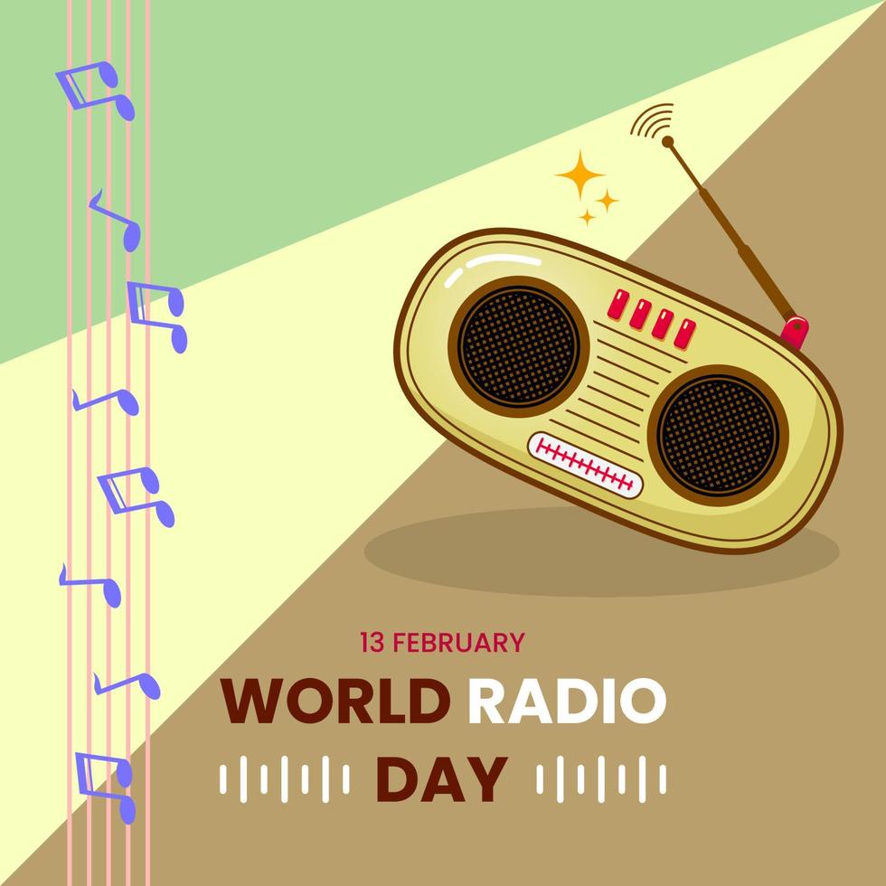 feliz día mundial de la radio plantilla de diseño. concepto simple y plano. verde, amarillo, marrón y blanco. utilizado para icono, símbolo, signo o tarjeta de felicitación vector