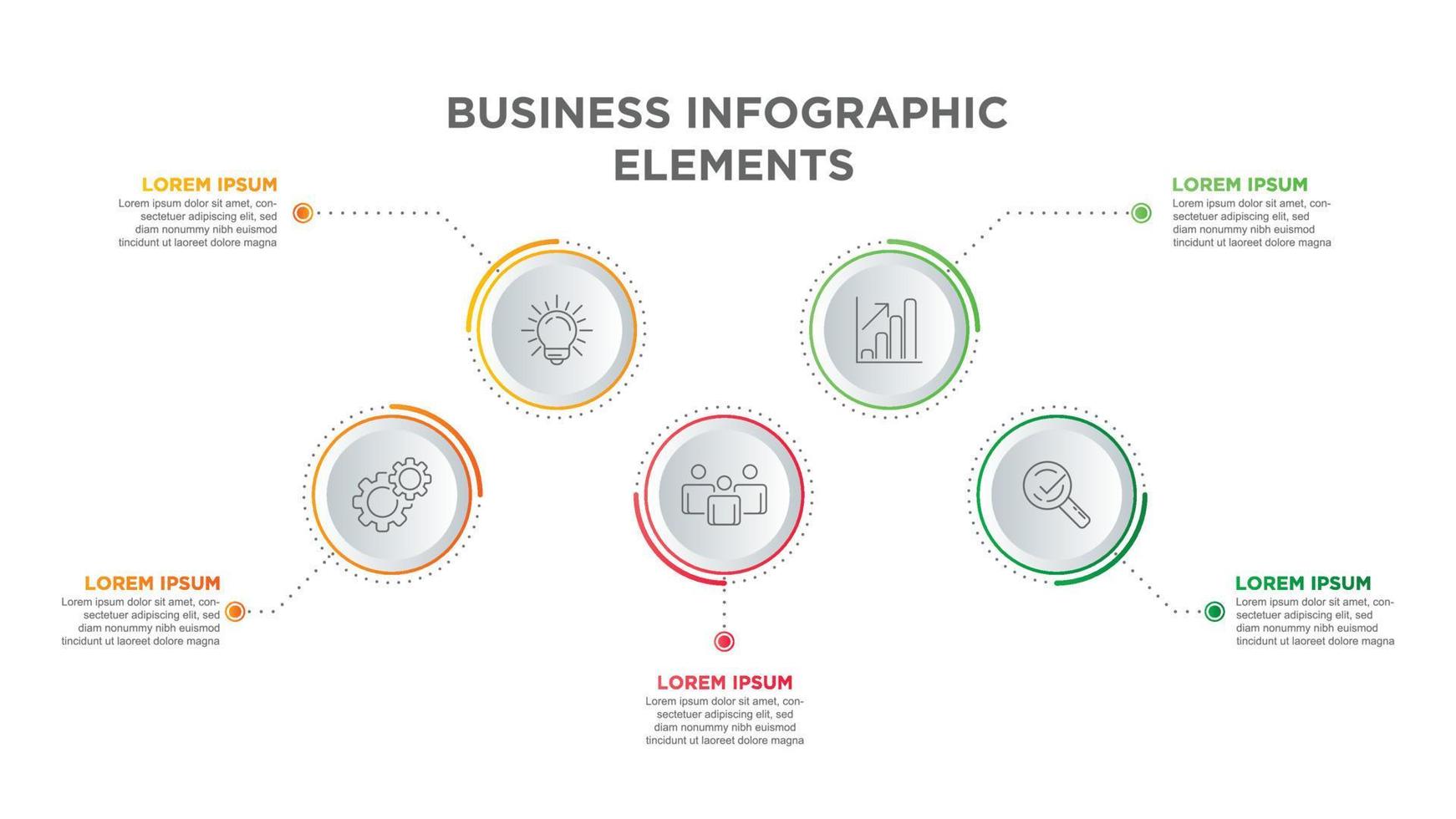 Línea de tiempo con 5 pasos, opciones e íconos de marketing. Infografía lineal vectorial con cuatro elementos conectados en círculo. para contenido, diagrama, diagrama de flujo, pasos, partes, infografías de línea de tiempo, flujo de trabajo, gráfico. vector