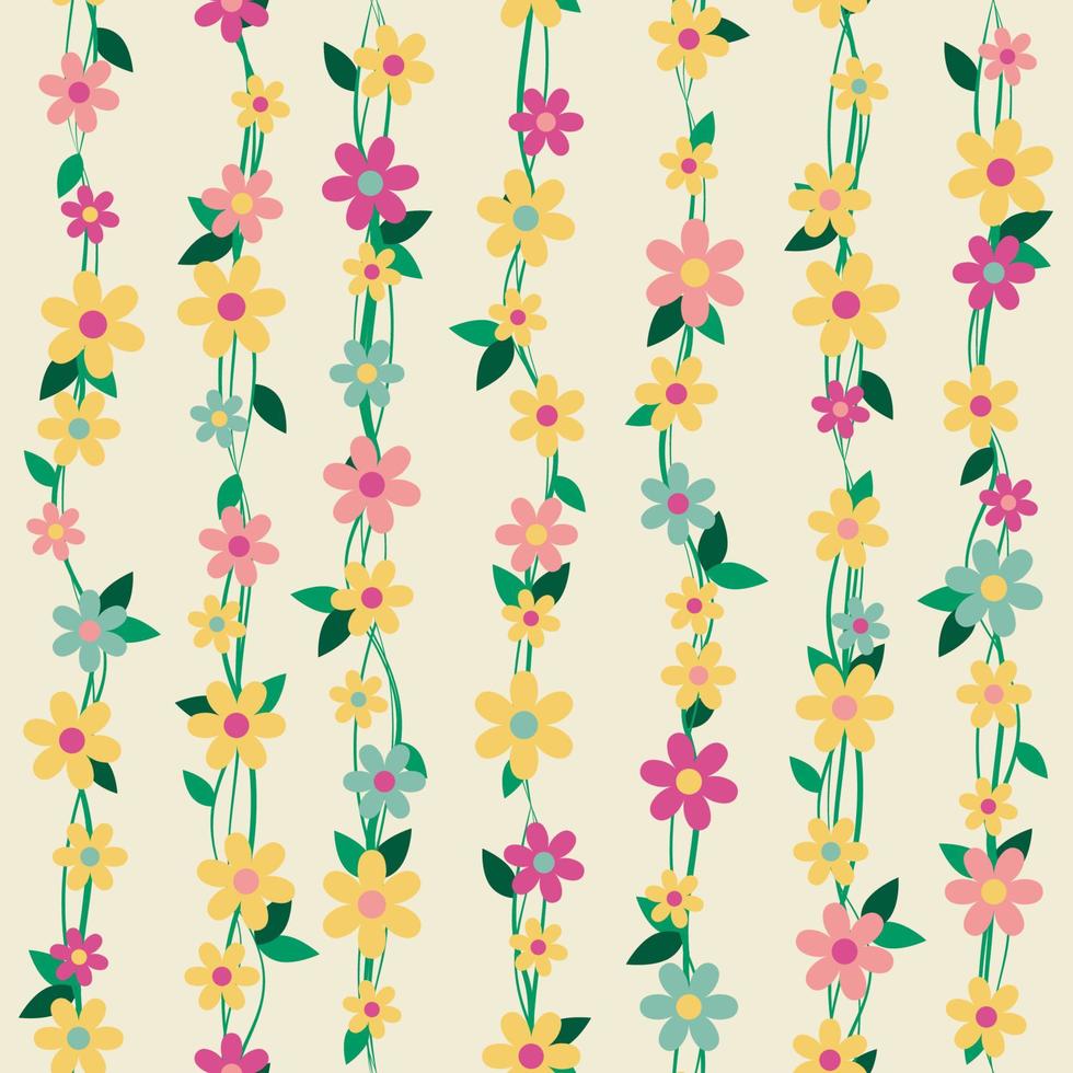 Floral seamless pattern with colourful flowers and green leaves on a yellow background. Branches and blossoms. Vector illustration in flat cartoon style.