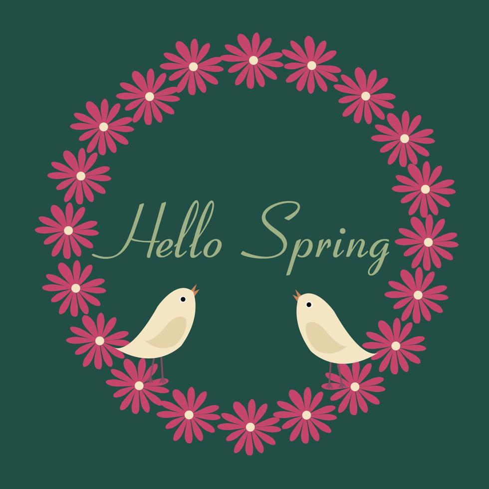 Banner with flowers and birds. Hello spring, lettering. Vector illustration on a green background
