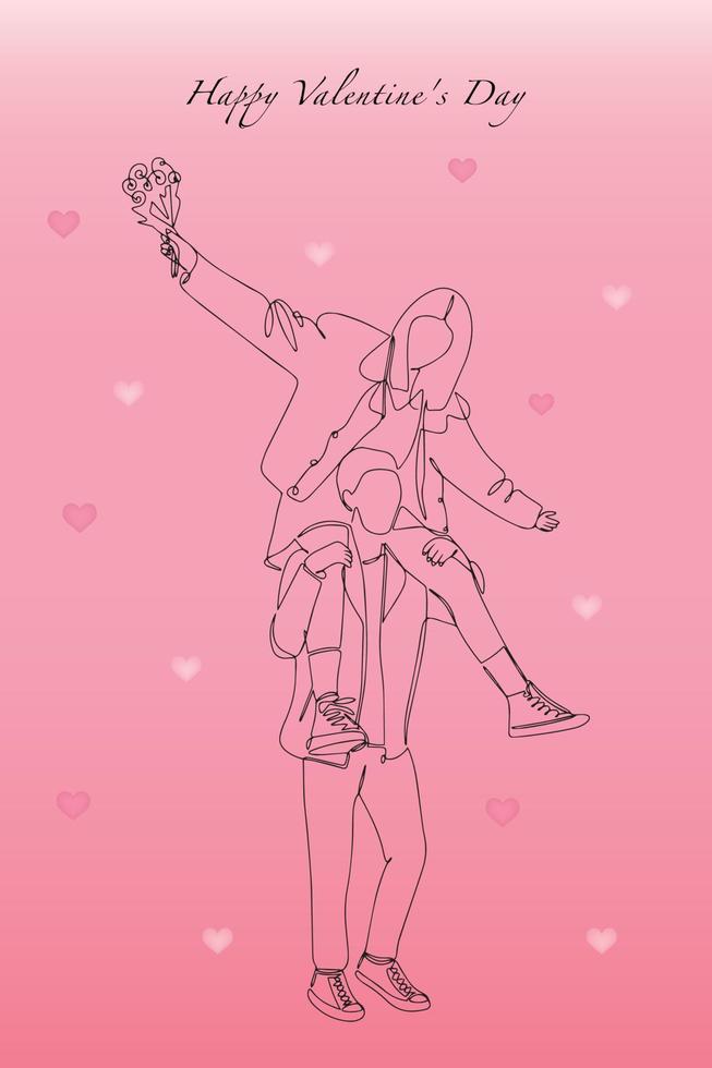 Valentine's Day greeting card. A continuous drawing in one line of a happy cheerful young couple. A romantic couple on a walk vector