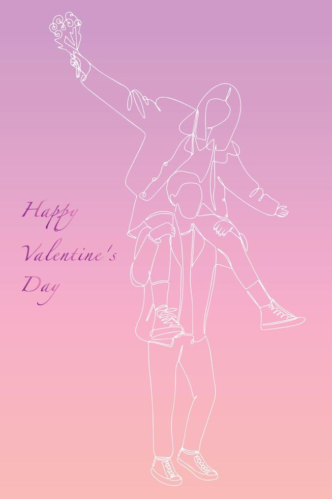 Valentine's Day greeting card. A continuous drawing in one line of a happy cheerful young couple. A romantic couple on a walk vector