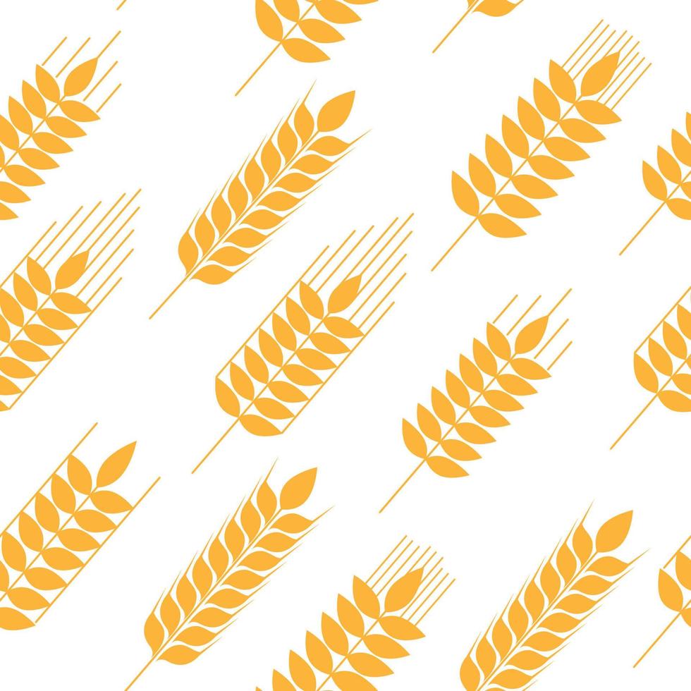 Seamless pattern of golden ripe wheat spikelets. Agricultural symbol, flour production. Vector silhouette of wheat. Illustration on a white background