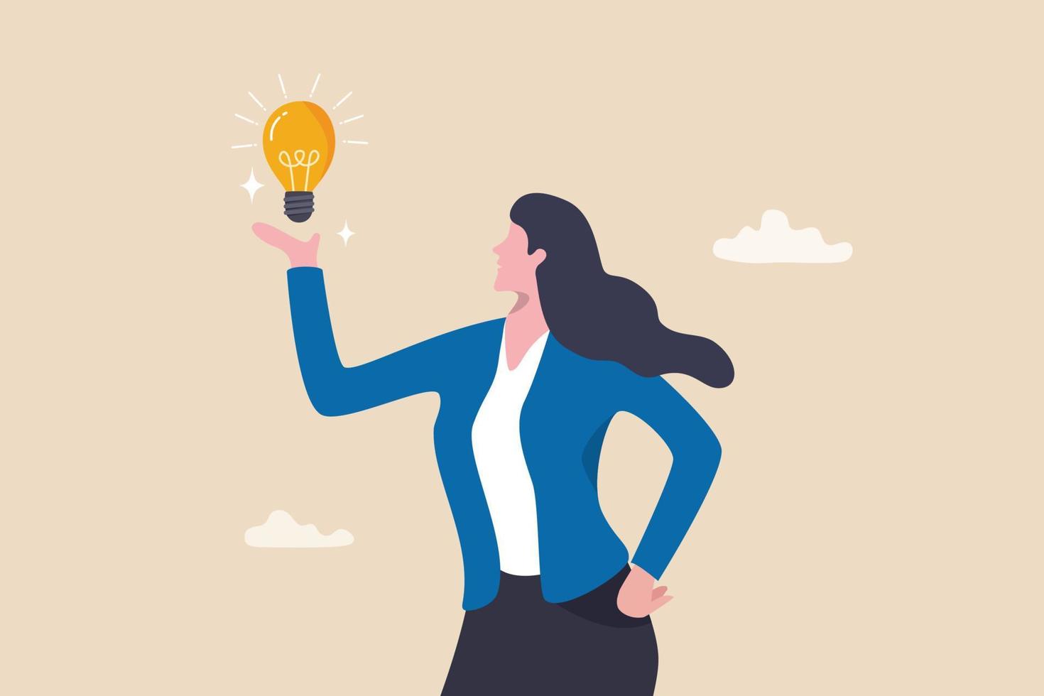 Businesswoman holding lightbulb idea, female or woman leader, solution to solve problem, creativity, imagination or brilliant business idea, entrepreneurship, discover new inspiration concept. vector