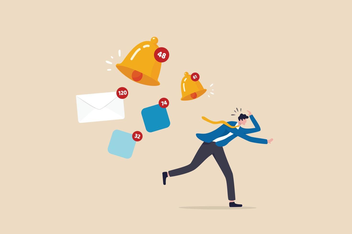 Annoy notifications disturbing pop up or online message sound, marketing or advertising push notifications concept, businessman running away from apps, email and ringing bell notifications. vector