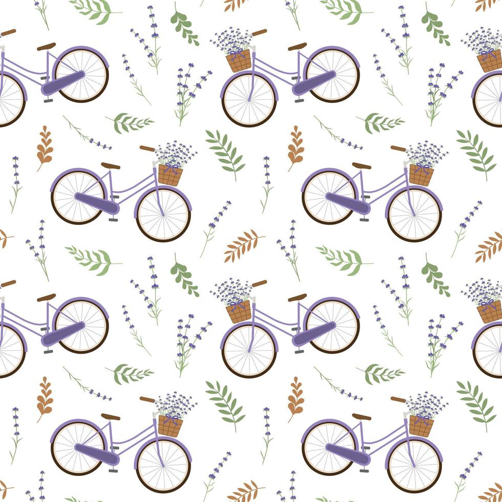 Cute purple bike with lavender flowers seamless pattern Isolated on white background. Retro bike carrying basket with flowers. Vector illustration.