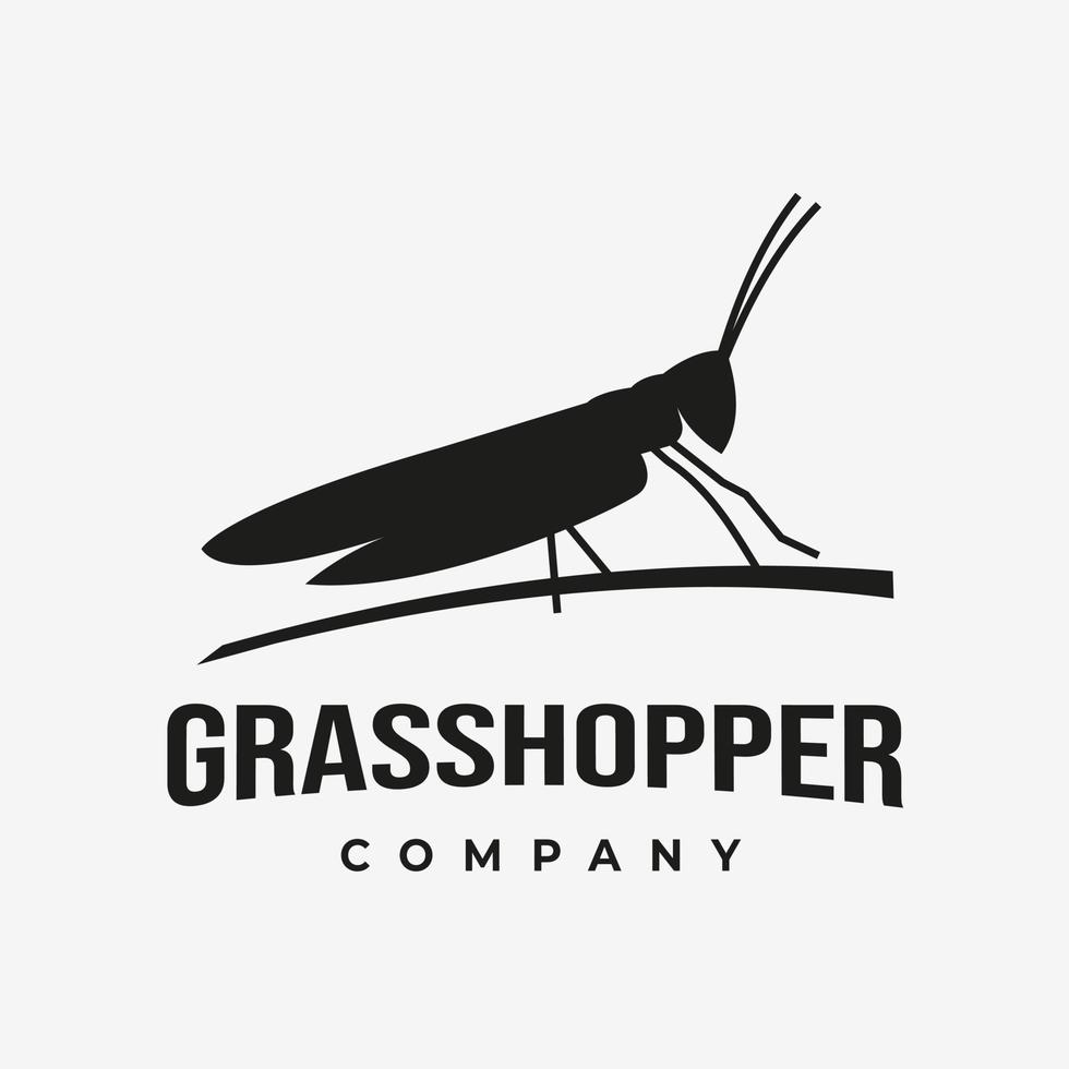 Grasshopper Silhouette logo with Cattail Reed Grass, vector vintage label on a white background