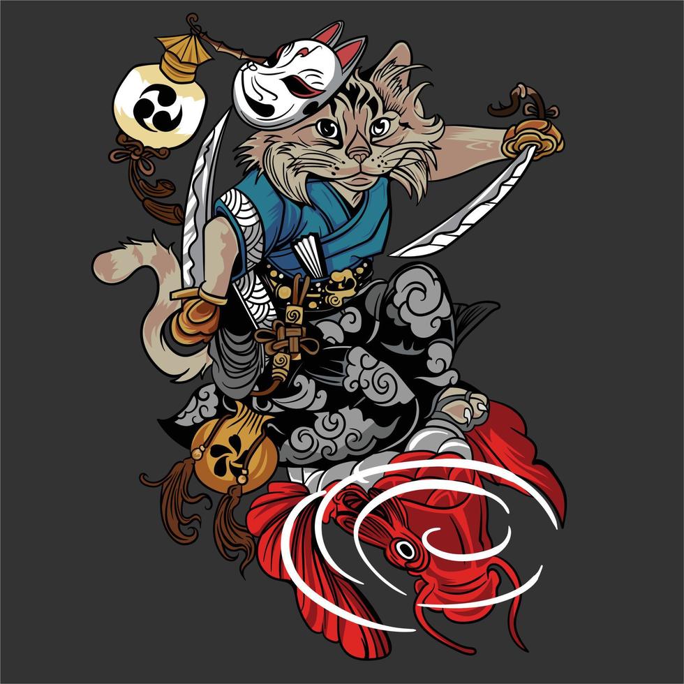 ilustración vectorial de gato samurai vector