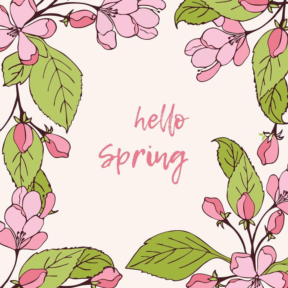 hola banner de primavera con flores de cerezo rosa. vector