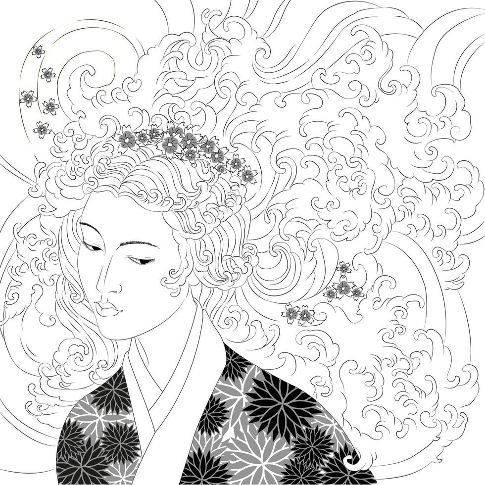 geisha with waves instead of hair1 vector