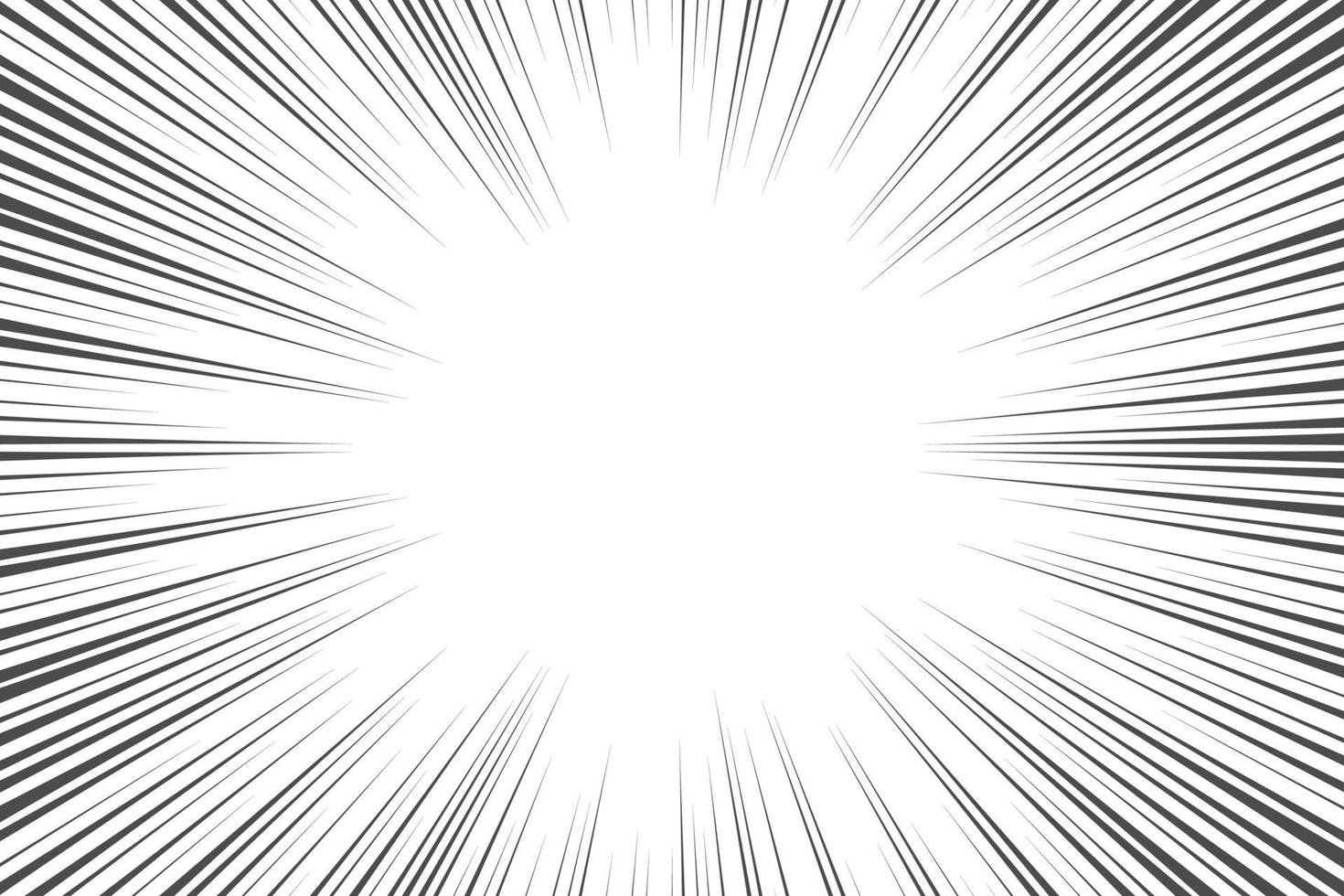 Speed lines in frame for manga comics book. Radial motion background. Monochrome explosion and flash glow. Vector